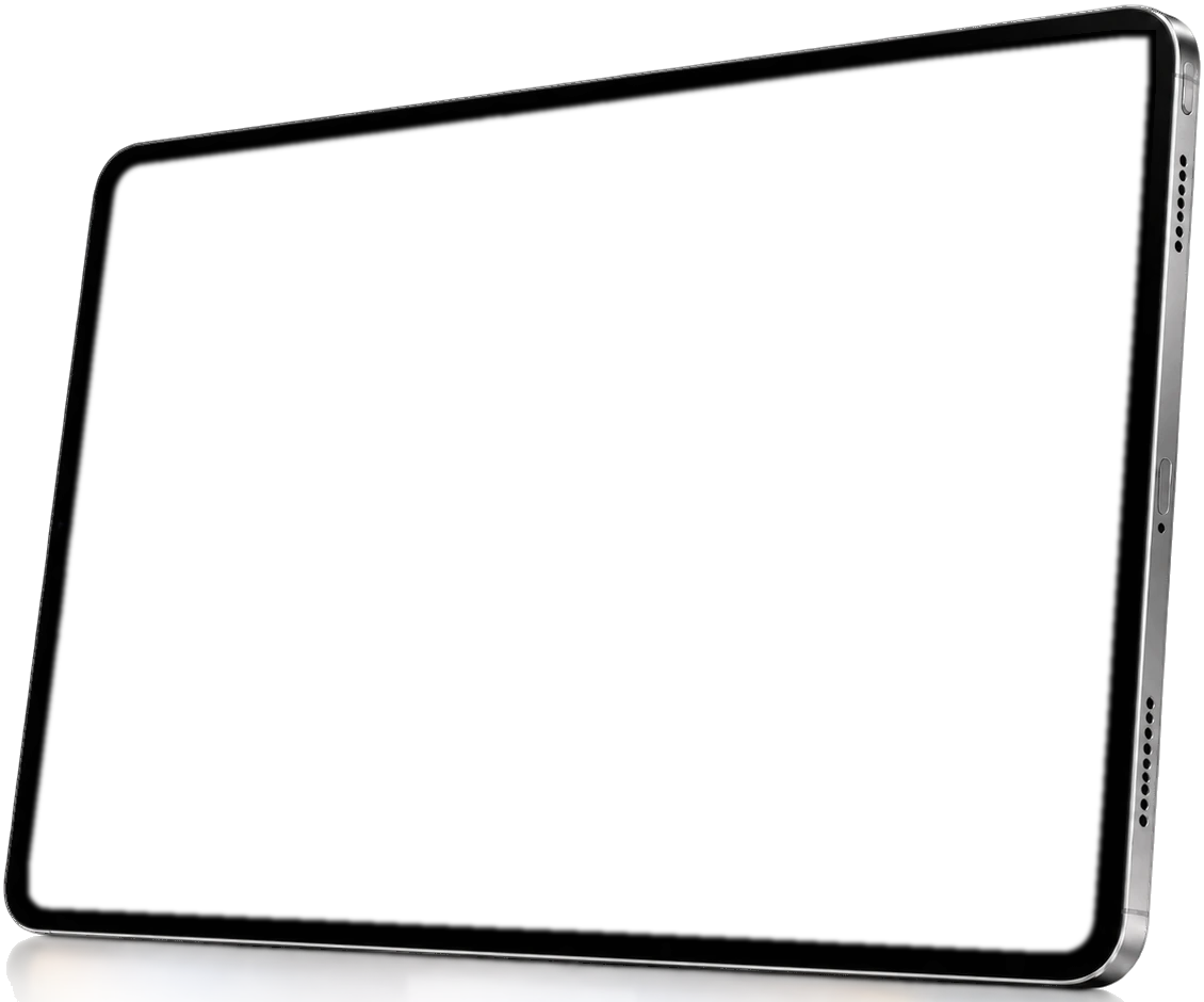 A tablet, propped at an angle, showing a 360° tour of the clinic