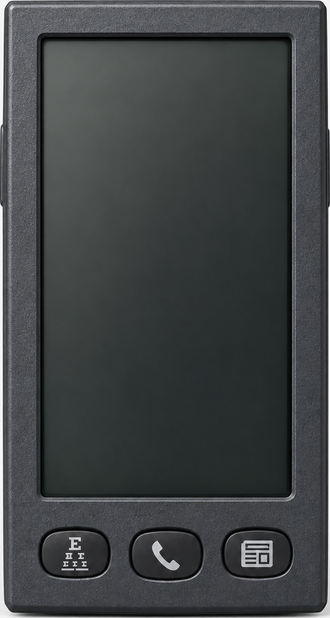 A dark grey handheld with three buttons: eye chart, phone, newspaper